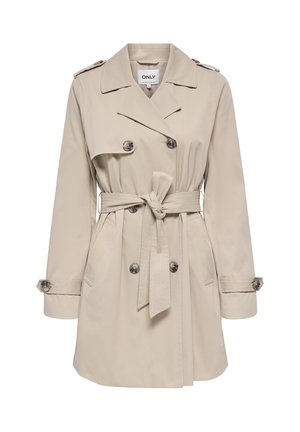 Beige knælængde trenchcoat med dobbeltradede knapper, en taljebælte bundet i en knude, skulderepåletter og knappede ærmestropper.