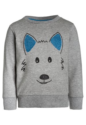 Szara dziecięca bluza z uśmiechniętą twarzą wilka, z teksturowanymi niebieskimi wewnętrznymi uszami i czarnymi prostymi konturami twarzy.