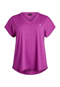 V-neck, short-sleeve top in vibrant pink, made of smooth fabric; features a subtle logo design near the neckline and a curved hem.