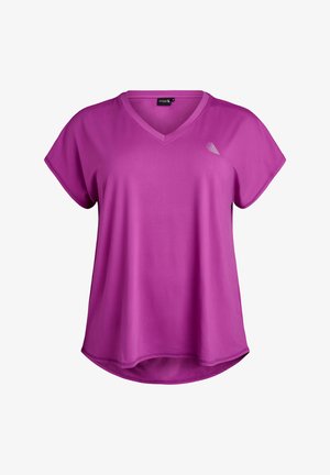 V-Ausschnitt, kurzärmeliges Oberteil in lebhaftem Pink, aus glattem Stoff; verfügt über ein dezentes Logo-Design in der Nähe des Ausschnitts und einen abgerundeten Saum.