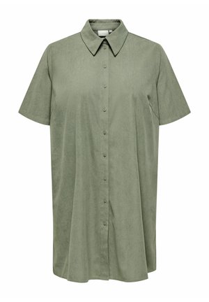 Chemise à manches courtes, à boutons, dans une teinte olive atténuée. Fabriquée en tissu doux et texturé, avec un col classique et une silhouette ample.