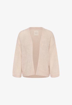Cardigan rosa chiaro con vestibilità ampia, con maniche a tre quarti, una larga apertura frontale e un motivo lavorato a maglia testurizzato. Materiale morbido e accogliente.