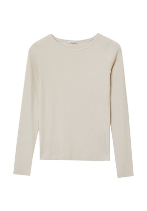 Maglietta a maniche lunghe in beige chiaro, texture a coste, scollatura rotonda e linea dritta. Design minimalista senza motivi o dettagli visibili.