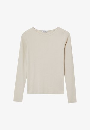 T-shirt à manches longues en beige clair, texture côtelée, encolure ronde et coupe droite. Design minimaliste sans motifs ni accents visibles.
