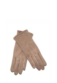 Braune, weiche Stoffhandschuhe mit einem eleganten Design, vier Fingern und einer glatten Textur. Keine sichtbaren Muster oder Beschläge.