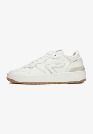 White leather sneaker with a textured surface, round toe, flat laces, and a gum rubber sole. Features side accents and a padded collar.