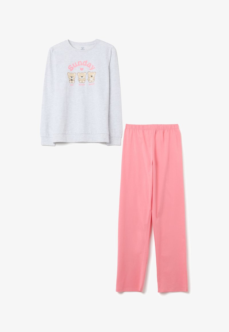 Gray long-sleeve top with "Sunday" print and bear graphics, paired with soft pink elastic-waist pants. Both made from lightweight fabric.