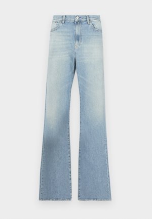 Helle blaue weite Jeans aus Denim, mit hoher Taille, Reißverschluss mit Knopf und sanfter Waschung mit subtilen Texturvariationen.