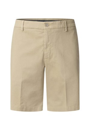 Beżowe krótkie spodenki do kolan z zapięciem na guzik i zamek błyskawiczny, szlufkami na pasek oraz gładkim, płaskim przednim panelem.