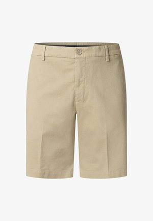 Beżowe krótkie spodenki do kolan z zapięciem na guzik i zamek błyskawiczny, szlufkami na pasek oraz gładkim, płaskim przednim panelem.