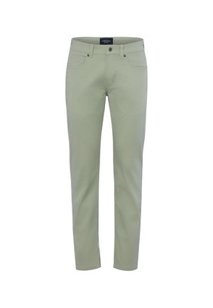 Hellgrüne Slim-Fit-Hose mit Fronttaschen, Gürtelschlaufen und Knopfverschluss, vor weißem Hintergrund dargestellt.