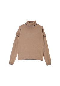 Suéter beige de cuello alto con mangas largas, que presenta una sutil textura de canalé y un oscuro pespunte en el cuello y los dobladillos de las mangas.