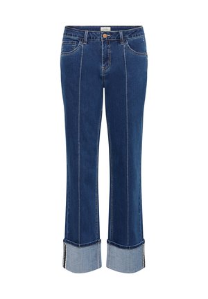 Dark blue denim jeans with a straight leg, featuring a cuffed hem in a lighter denim, contrasting stitching, and front pockets.