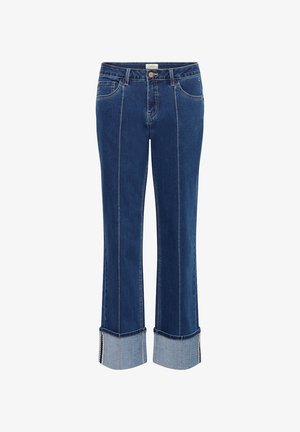 Dark blue denim jeans with a straight leg, featuring a cuffed hem in a lighter denim, contrasting stitching, and front pockets.
