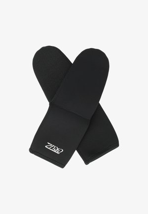 Sorte neoprensko ovnermitser med en tekstureret grebsflade, glat overflade på den anden side og hvidt logoaccent.