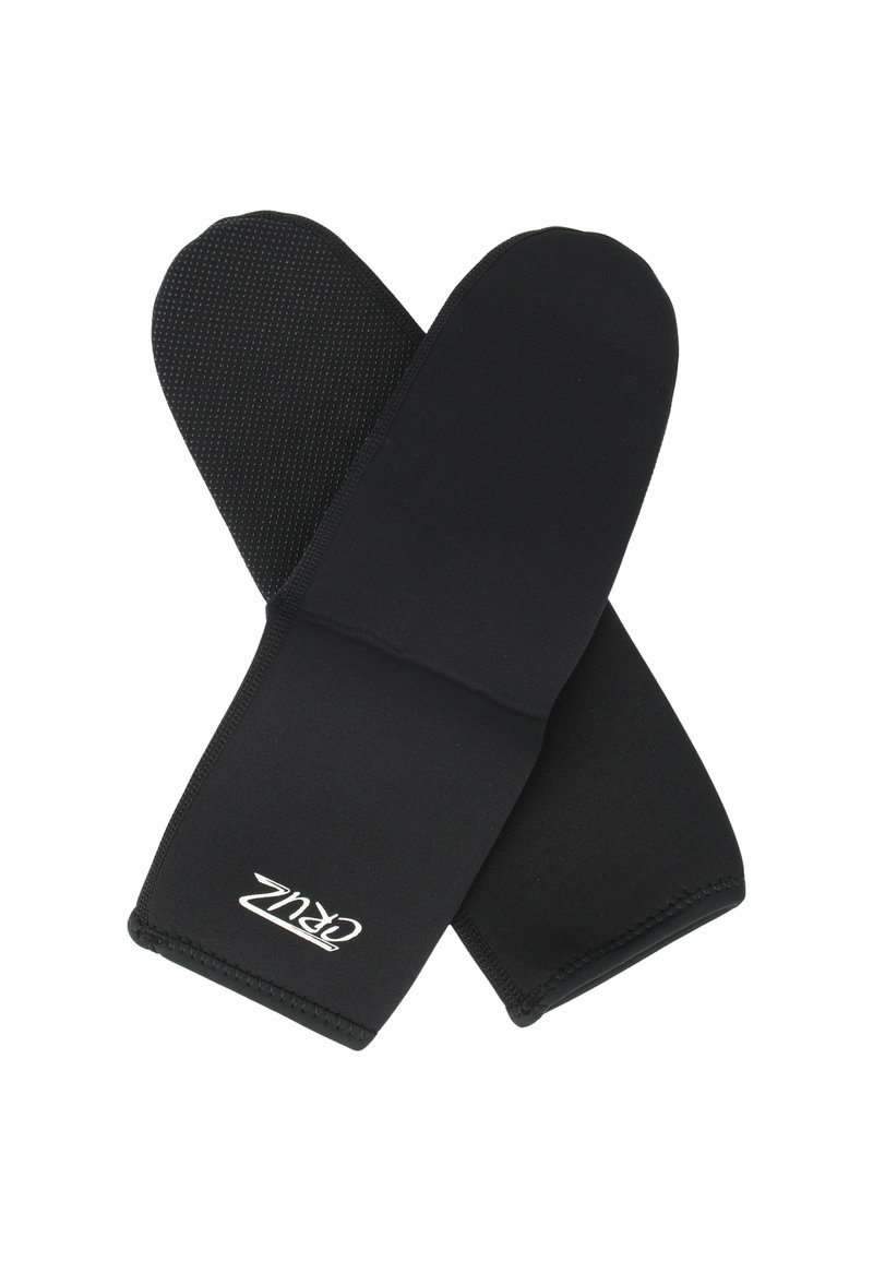 Svarta grytvantar i neopren med en texturerad greppyta på ena sidan, slät yta på den andra och vit logotypaccent.