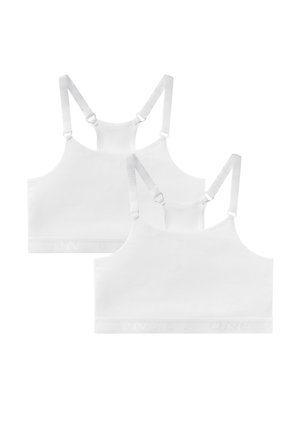 Deux crop tops blancs sans coutures avec bretelles ajustables, vus de face et de dos sur fond blanc.