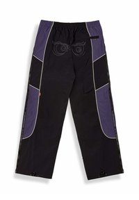 Pantaloni neri e viola con vita elastica, design a pannelli a contrasto, cuciture bianche e un motivo decorativo di gufo sul retro.