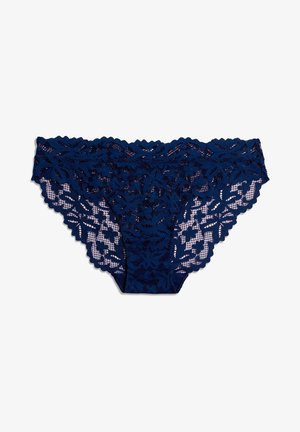 Marineblauwe kant ondergoed met bloemenpatroon en gegolfde randen, ontworpen voor vrouwen.