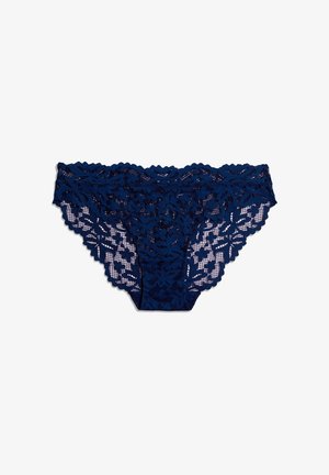 Sous-vêtements en dentelle bleu marine avec motif floral et bords festonnés, conçus pour les femmes.