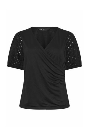 Sort bluse med korte ærmer, slå-om front og øjerynkemønster på ærmerne, størrelse UK 12, mærke M&Co.