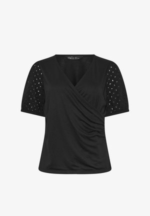 Sort bluse med korte ærmer, slå-om front og øjerynkemønster på ærmerne, størrelse UK 12, mærke M&Co.