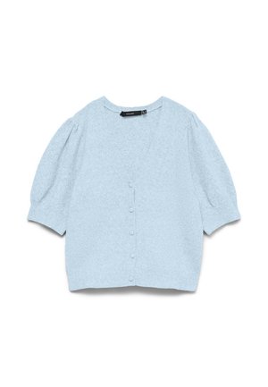 Světlomodrý krátký kardigan s krátkými rukávy, kulatým výstřihem, knoflíky vpředu a mírně nafouklými rukávy.