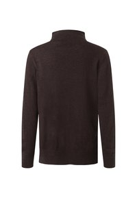 Pull brun avec un col haut, des manches longues et des poignets côtelés. Fabriqué à partir d'un matériau en maille texturée, il présente une couleur unie sans motifs.