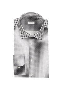 Witte shirt met een marineblauw circulair patroon, met een kraag met knopen, een enkele borstzak en lange mouwen met knoopmanchetten.