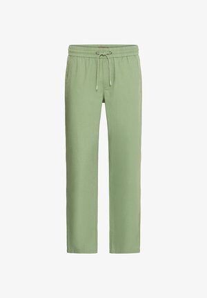 Light green pants made of a soft fabric, featuring an elastic waistband with a drawstring and a loose, straight-leg design.