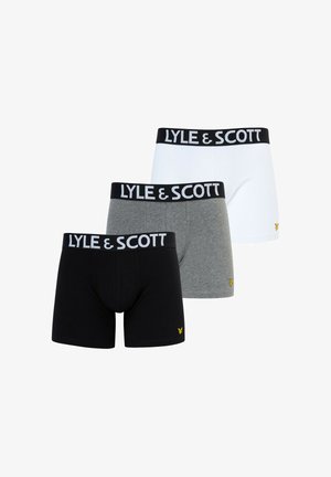 Verpakking van drie boxershorts in zwart, grijs en wit. Elk met een elastische tailleband met een geel logo.