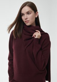 Bordeaux sweater met een gedrapeerde hals en lange mouwen, gemaakt van zachte stof, met ribgebreide manchetten en zoom. Soepele textuur met minimale details.