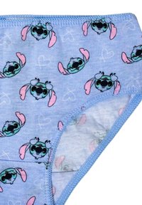 Mutandine di cotone blu con un motivo ripetuto di un personaggio dei cartoni animati con occhiali da sole, contornato da cuori rosa. Morbido al tatto, con vita elastica.