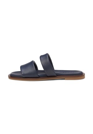 Marineblauwe leren slidesandalen met twee brede banden, een platte zool en een gladde textuur, met een bruine rubberen outsole.