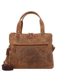 Borsa a mano in pelle marrone con doppi manici, tasca frontale con zip e tracolla staccabile. Presenta una finitura strutturata e hardware in tono oro.