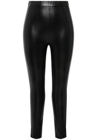 Pantalons leggings en simili cuir noir avec une texture lisse, taille haute et design ajusté. Présente des détails de coutures verticales sur le devant et le dos.