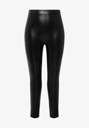 Schwarze Leggings aus Kunstleder mit glatter Textur, hoher Taille und eng anliegender Passform. Mit vertikalen Nahtdetails an der Vorder- und Rückseite.
