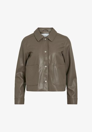 Braune Lederjacke mit Kragen, Druckknopfverschlüssen und zwei Vordertaschen. Glatte Textur mit glänzendem Finish.