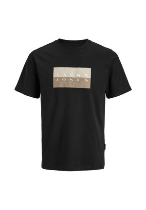 Black cotton t-shirt features a rectangular logo design in beige, displaying "JACK & JONES" in capital letters. Round neck, short sleeves.
