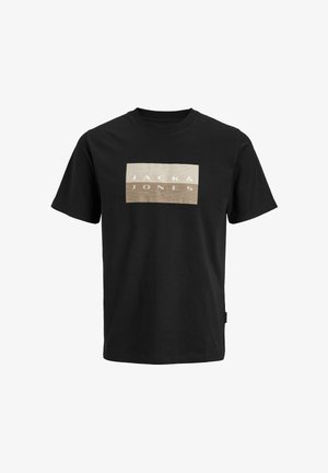 Black cotton t-shirt features a rectangular logo design in beige, displaying "JACK & JONES" in capital letters. Round neck, short sleeves.