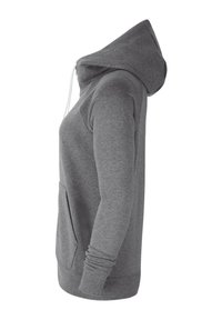 Hoodie grigio a maniche lunghe con tasca frontale e lacci bianchi, mostrato dal lato destro su uno sfondo bianco.