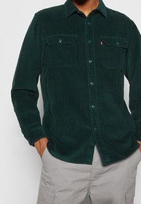 Camicia di velluto a coste verde con righe verticali, colletto con bottoni, due tasche frontali e polsini con un bottone. Indossata sopra pantaloni grigi chiari.