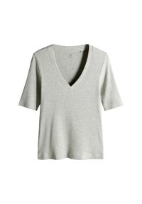 Světlé šedé tričko s krátkými rukávy a výstřihem do V z žebrované látky. Má volný střih s jednoduchým designem bez dalších ozdob.