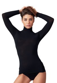 Zwarte longsleeve turtleneck top van een transparante stof met een strakke snit, gecombineerd met bijpassende zwarte bikini onderbroekjes. Gladde textuur en minimalistisch ontwerp.