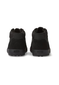Black high-top sneakers made of suede and synthetic materials with smooth texture. Features padded collar and textured rubber sole.