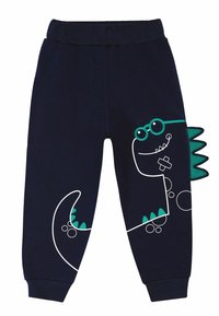 Pantaloni tuta blu navy con vita elastica, dotati di una grafica di un dinosauro bianco con accenti verdi e squame lungo il lato.