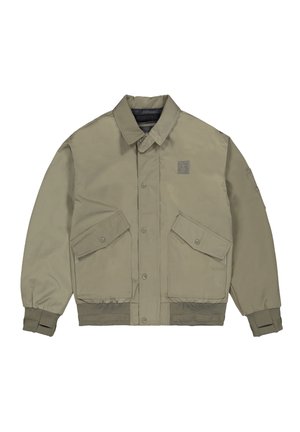 Lichtbruine bomberjack met knoopsluiting, twee voorvakken met klep, geribbelde manchetten en een klein logoplaatje op de borst.