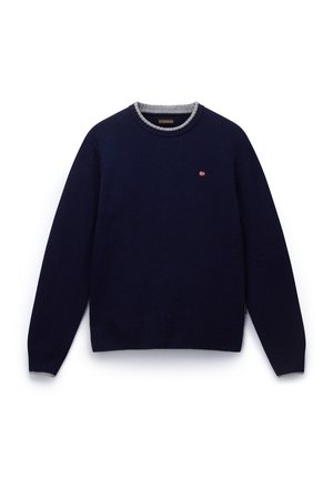 Maglione lavorato a maglia blu navy con orlo e polsini a costine, caratterizzato da un colletto rotondo grigio chiaro e un piccolo logo sul petto.