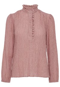 Langärmlige Bluse aus rosafarbener Kreppware, mit hohem, gerafftem Ausschnitt, Knopfleiste und strukturiertem Crinkle-Muster.