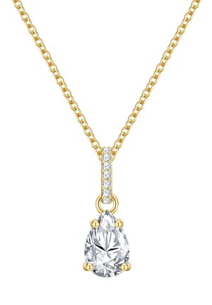 Collana in oro con pendente a forma di goccia in cristallo, arricchita da piccole pietre trasparenti sul gancio.